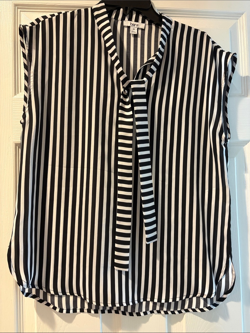 Bar III Black & White Striped Tie-Neck Sleeveless Top